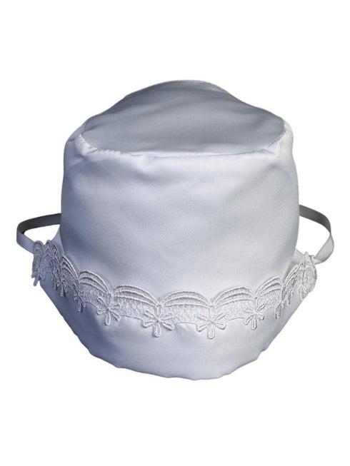 Baby Girls White Satin Lace Trim Christening Baptism Bonnet 0-18M - SophiasStyle.com